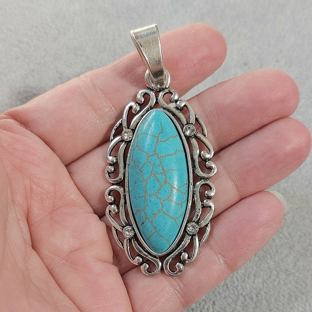 Large Oval Silver and Turquoise Pendant